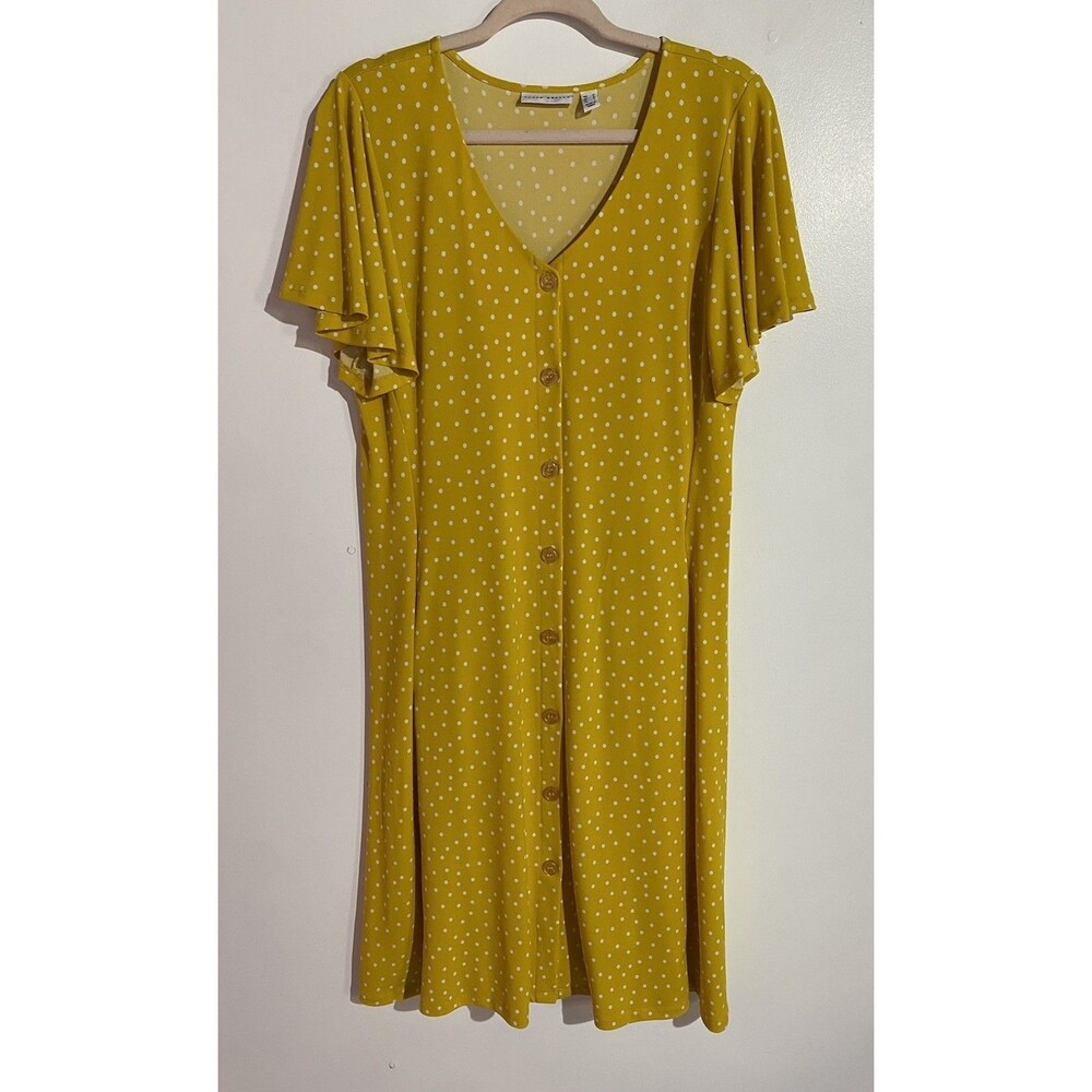 Susan Graver Dress‎ M Yellow Polka Dot Liquid Knit Modest Feminine Resort Office